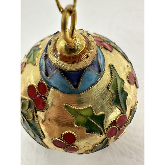 Vintage Gold Cloisonne Enamel Holly Berry Branch Design Christmas Tree Ornament - Picture 5 of 11